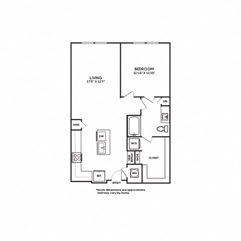 Floor plan for 1 bed, 1 bath, 792 sqft